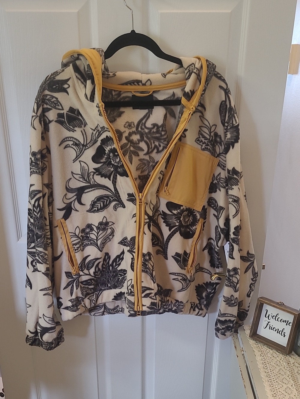 Tribal Cream Floral Bomber Jacket with Mustard Trim Bin 6